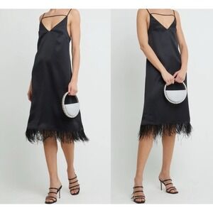 O.P.T. Kailah Black Feather Slip Satin Midi Dress‎ Size L New With Tags
